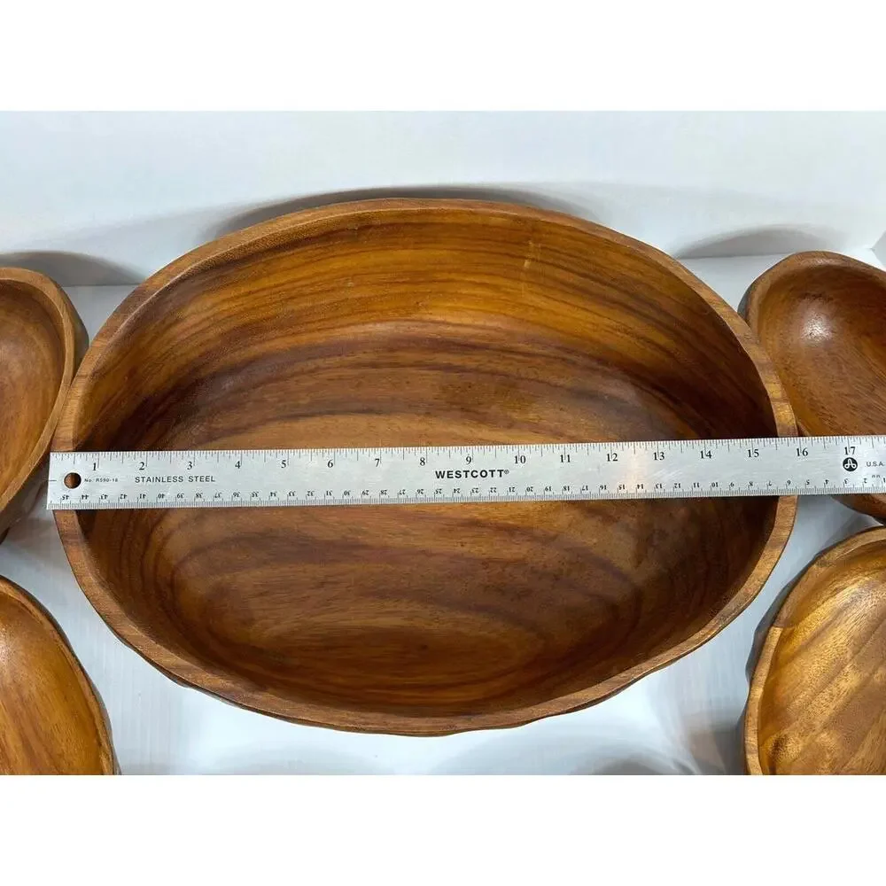Vintage Wavy Oval Real Teak Wood Salad‎ Bowl Set Gorgeous Wood Grain 9 Niece